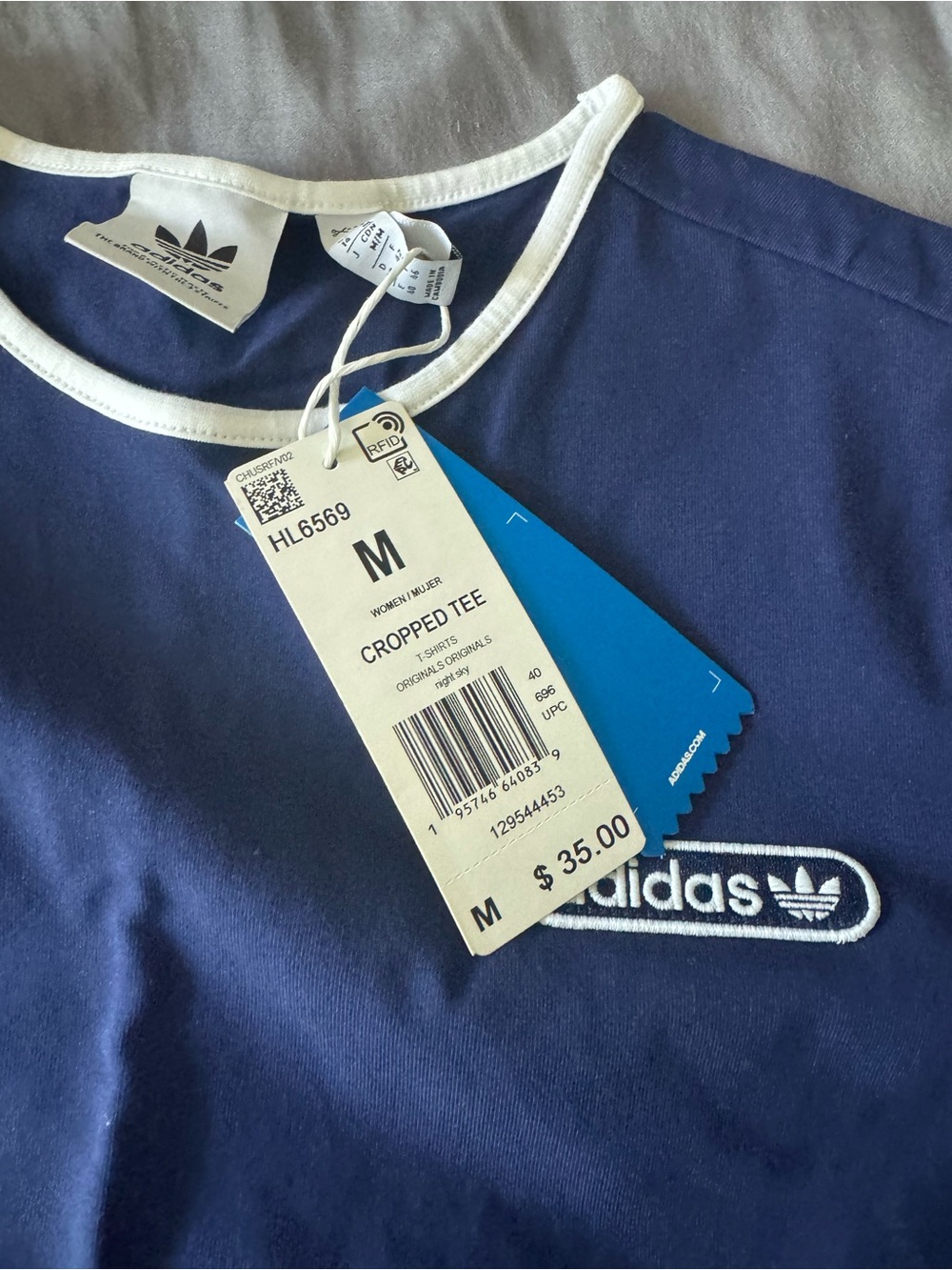 adidas Navy Blue Cropped Tee with White Trim and Logo - Picture 2 of 3
